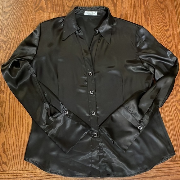 Luxury European designer black satin collared button up blouse bishop sleeves L - Picture 13 of 13